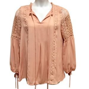 Blu Pepper Pink Blush Long Sleeve Lace Detail Tunic Top Large